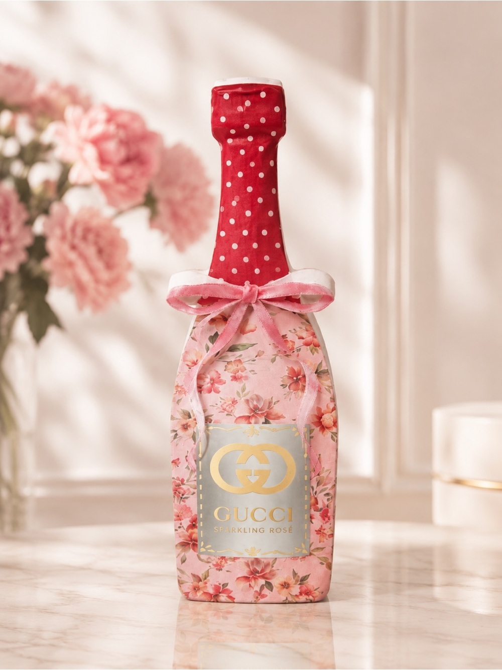 Gucci Sparkling Rosé Bottle Ornament Pink Floral Holiday Decor champagne bottle